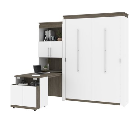 Bestar Orion Queen Murphy Bed and Shelving Unit with Fold-Out Desk (95W), White & Walnut Grey 116875-000017